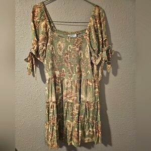 Aqua Bendita Large Tropical Dress Busty Green Tan Palm Floral Beach Hippie Cloth